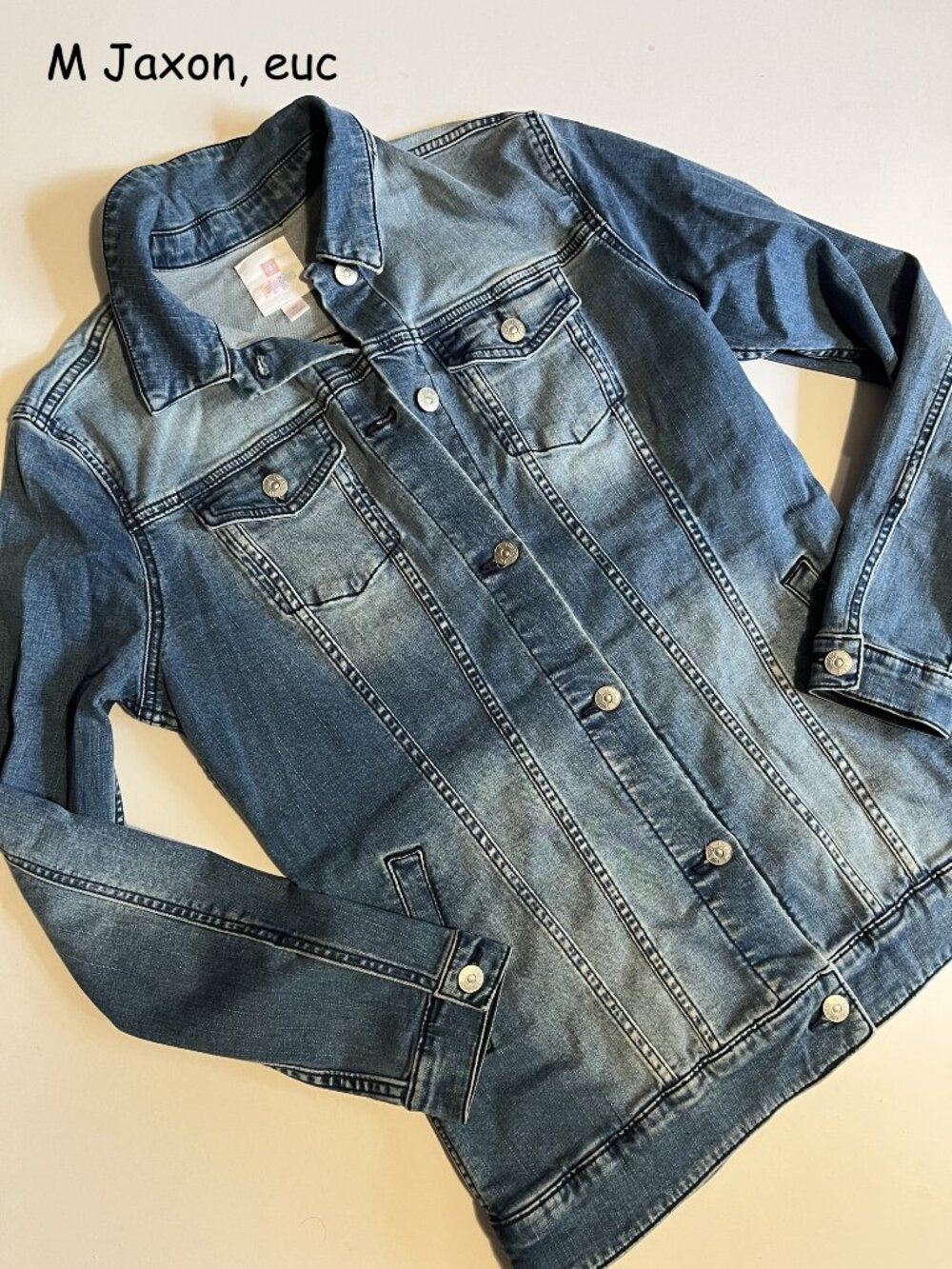 Medium Lularoe Jaxon long jean jacket, blue with SW back panel